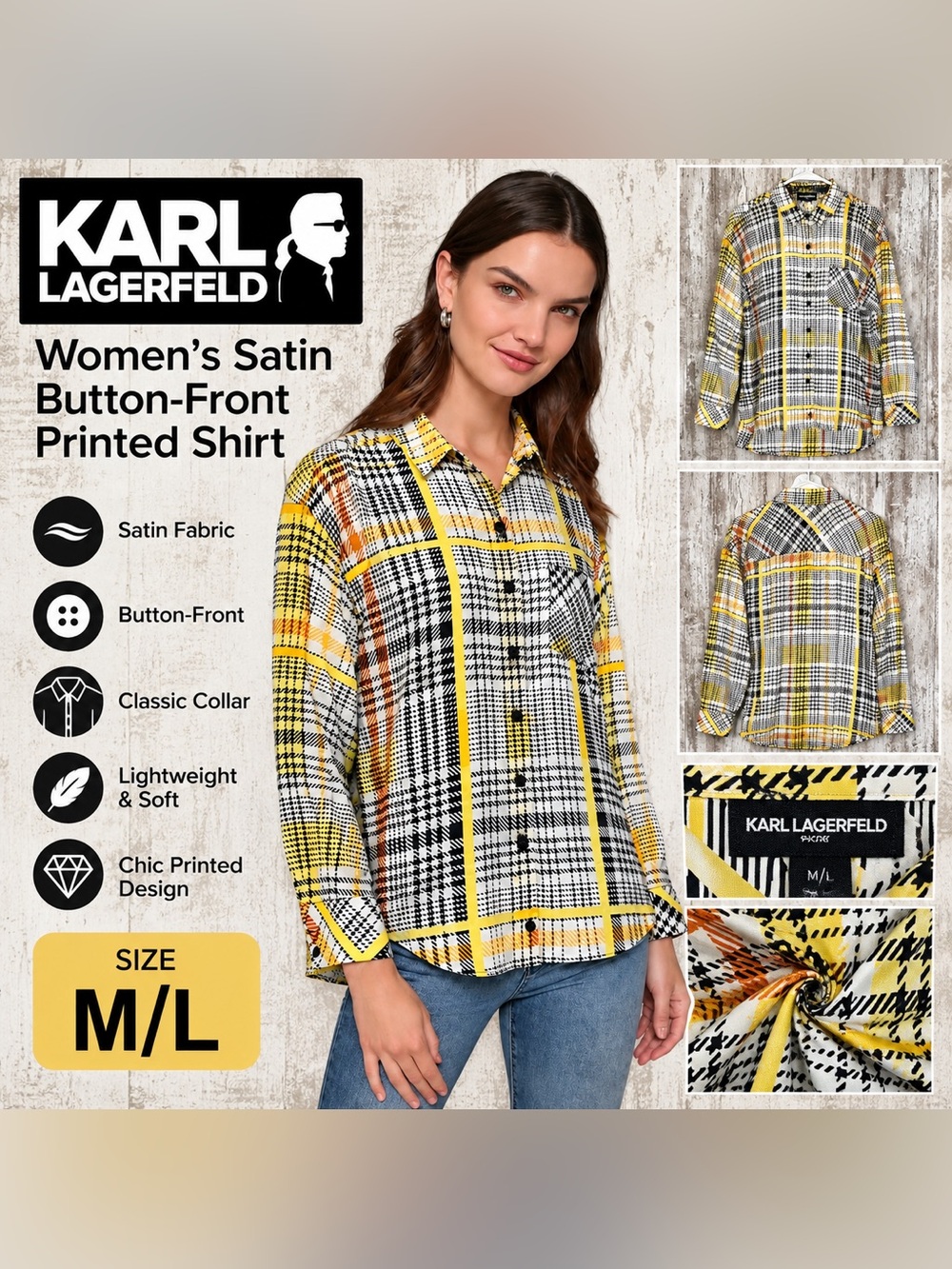KARL LAGERFELD Women’s Satin Button-Front Printed Shirt Size M/L